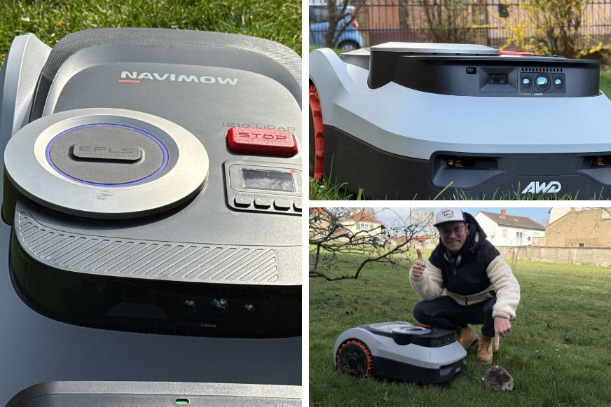 Segway Navimow i210 LiDAR Pro Mähroboter Detailansicht mit EFLS LiDAR-Sensor, Kamera und AWD-Antrieb im Garten sowie Tester mit Igel auf dem Rasen